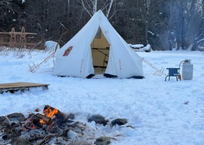 hot tent set up in the winter